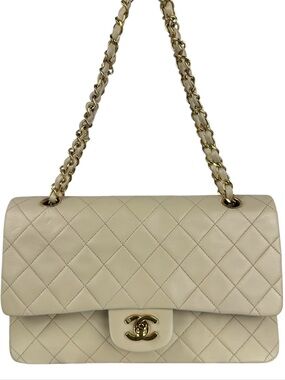 CHANEL CC DOUBLE FLAP BAG LAMBSKIN LEATHER GHW MEDIUM BEIGE
